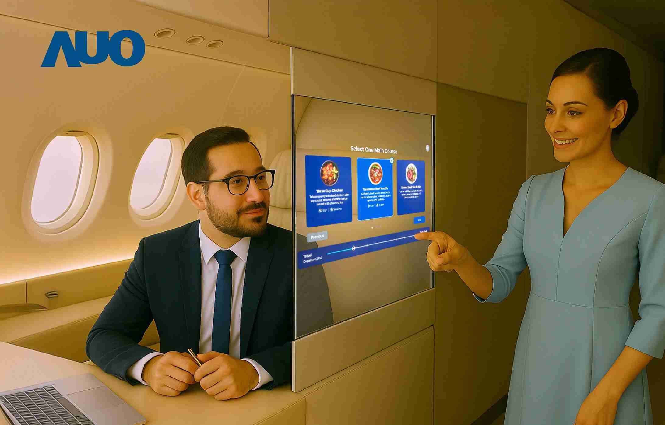 糖果派对研发全球最薄17.3 吋双面透明 Micro LED 显示器，，，，可在同一屏幕之双边投射不同信息，，，创造独特的”透明化”互动；图为实时翻译交流应用情境