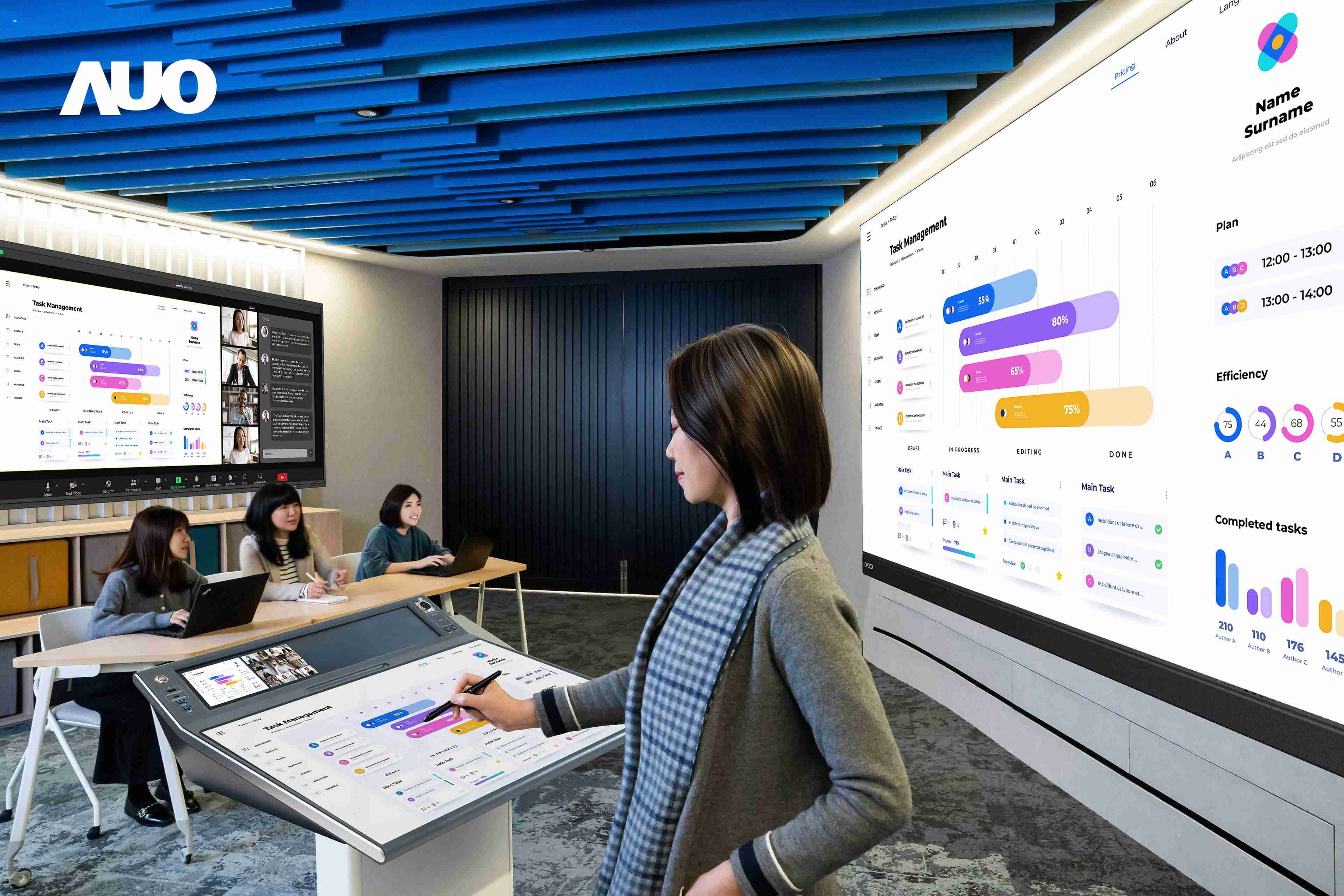 达擎携手Avocor与Rise Vision展示全方位商务领域应用，，包含采用模块化设计的138吋一体式All-in-One LED显示器及具21:9超宽比例的92吋交互式电子白板（IFPD），，，讲者可轻松分享内容，，有效提升会议协作效率。。。